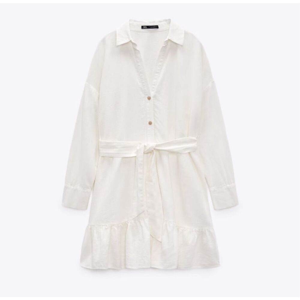 Zara Linen Blend Belted Shirt Dress in Ecru Size Medium - Picture 3 of 11